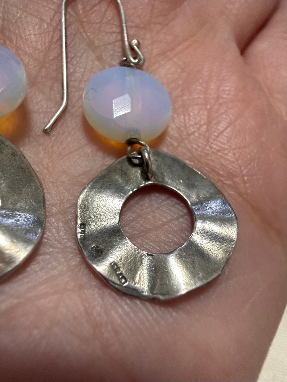 Sterling Silver 925 Opal Bead and Hammered Silver Drop Earrings - Picture 4 of 10